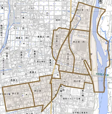 四之宮とその周辺の地図。町の範囲を重ねている