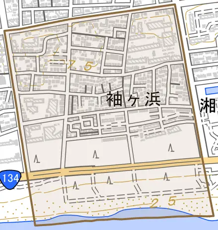 袖ケ浜とその周辺の地図。町の範囲を重ねている