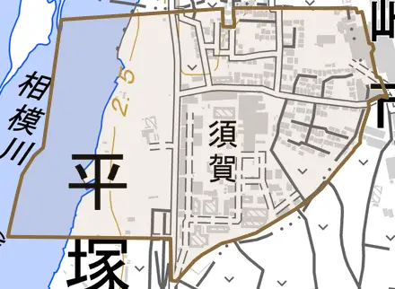 須賀とその周辺の地図。町の範囲を重ねている