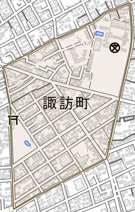 諏訪町とその周辺の地図。町の範囲を重ねている