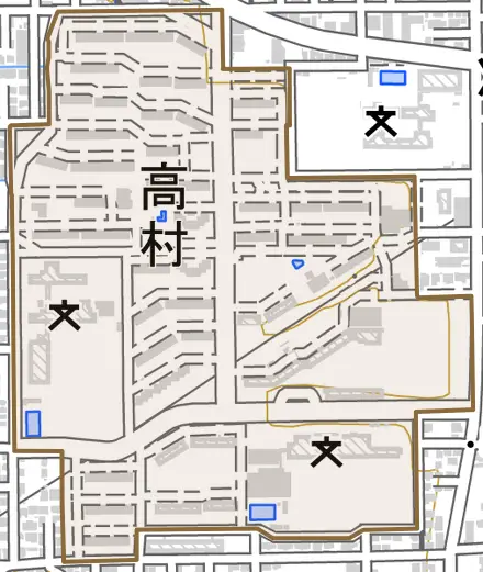 高村とその周辺の地図。町の範囲を重ねている