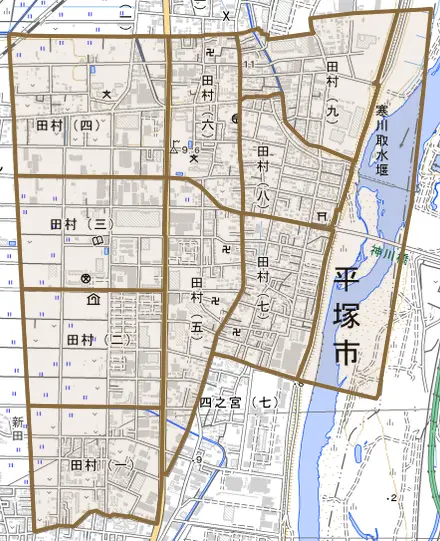 田村とその周辺の地図。町の範囲を重ねている