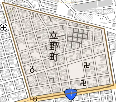 立野町とその周辺の地図。町の範囲を重ねている