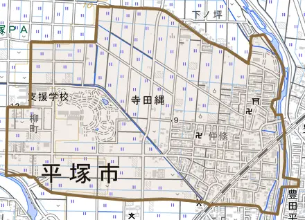 寺田縄とその周辺の地図。町の範囲を重ねている