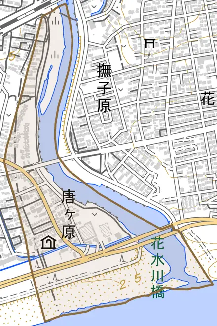 唐ケ原とその周辺の地図。町の範囲を重ねている