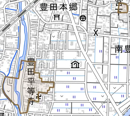 豊田平等寺とその周辺の地図。町の範囲を重ねている