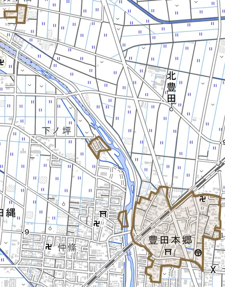 豊田本郷とその周辺の地図。町の範囲を重ねている
