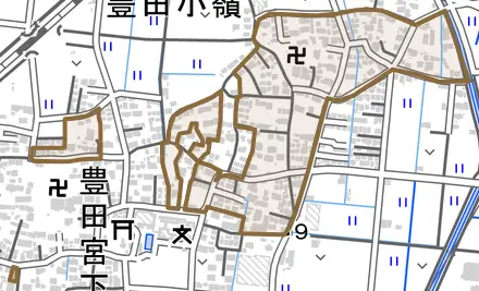 豊田小嶺とその周辺の地図。町の範囲を重ねている
