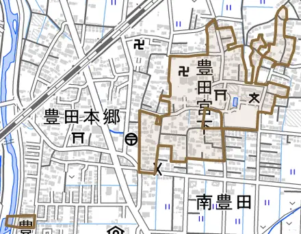 豊田宮下とその周辺の地図。町の範囲を重ねている