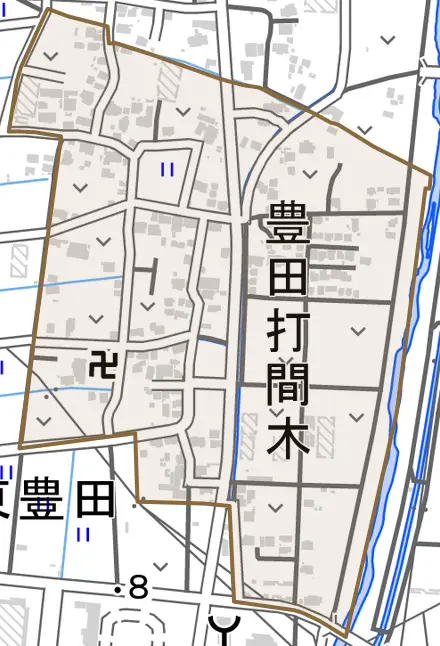 豊田打間木とその周辺の地図。町の範囲を重ねている