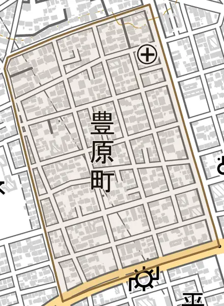豊原町とその周辺の地図。町の範囲を重ねている