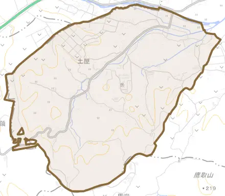 土屋とその周辺の地図。町の範囲を重ねている