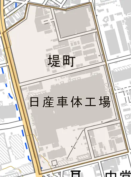 堤町とその周辺の地図。町の範囲を重ねている