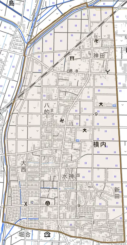 横内とその周辺の地図。町の範囲を重ねている