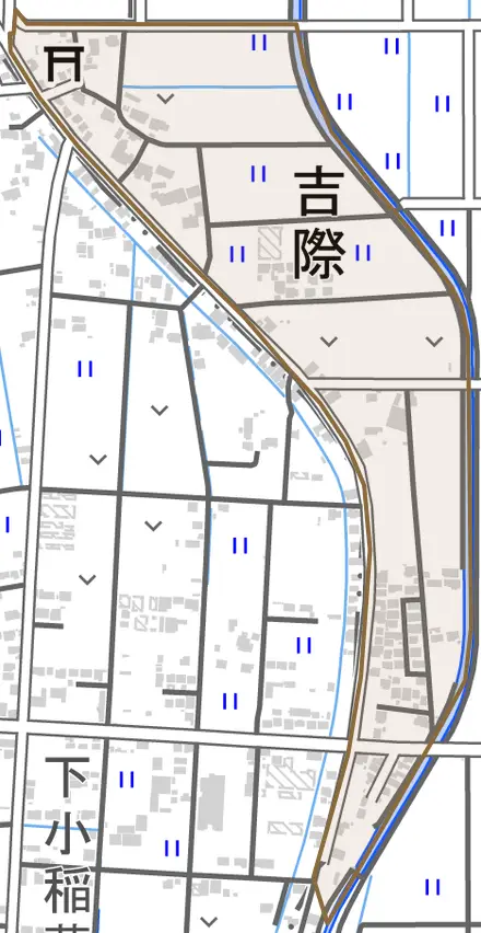 吉際とその周辺の地図。町の範囲を重ねている