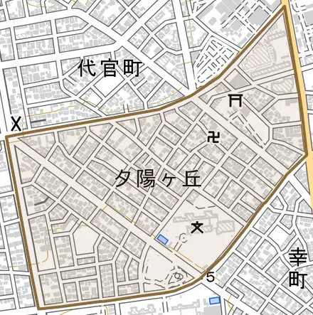 夕陽ケ丘とその周辺の地図。町の範囲を重ねている