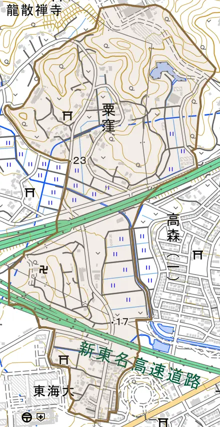 粟窪とその周辺の地図。町の範囲を重ねている