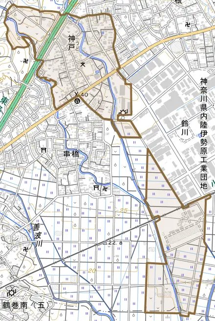 神戸とその周辺の地図。町の範囲を重ねている