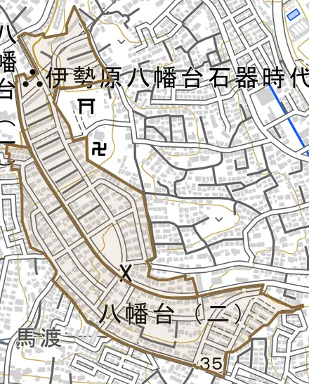 八幡台とその周辺の地図。町の範囲を重ねている