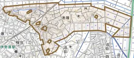 池端とその周辺の地図。町の範囲を重ねている