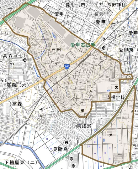 石田とその周辺の地図。町の範囲を重ねている