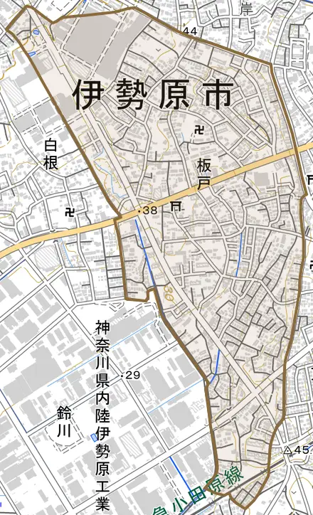 板戸とその周辺の地図。町の範囲を重ねている