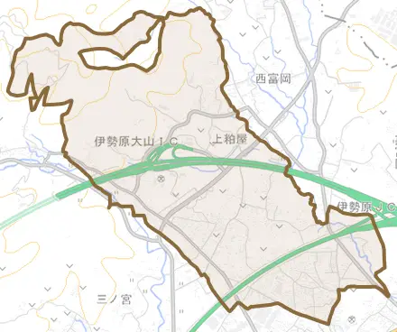 上粕屋とその周辺の地図。町の範囲を重ねている