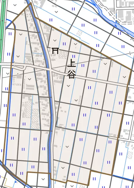上谷とその周辺の地図。町の範囲を重ねている