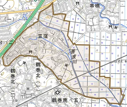 笠窪とその周辺の地図。町の範囲を重ねている
