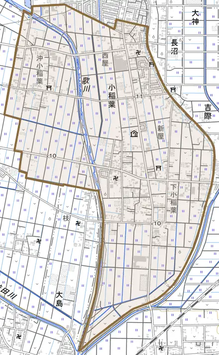 小稲葉とその周辺の地図。町の範囲を重ねている