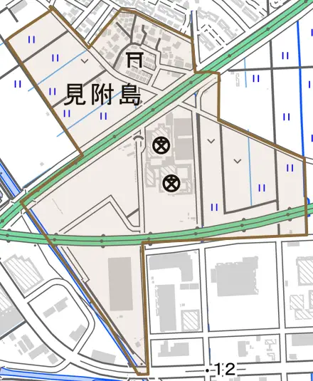 見附島とその周辺の地図。町の範囲を重ねている