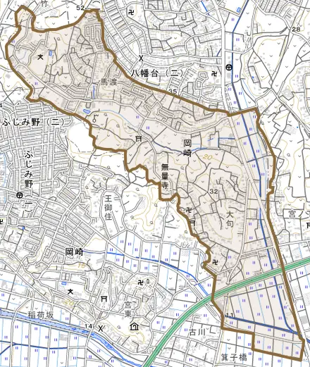 岡崎とその周辺の地図。町の範囲を重ねている