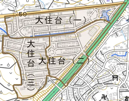 大住台とその周辺の地図。町の範囲を重ねている