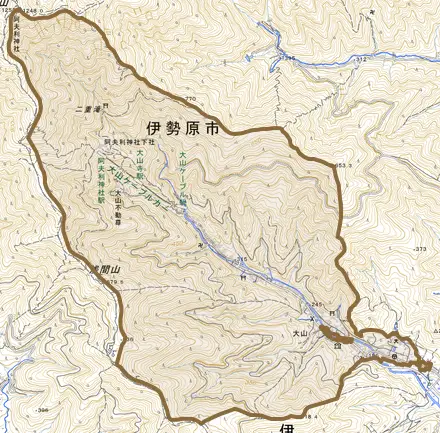 大山とその周辺の地図。町の範囲を重ねている