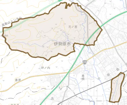 三ノ宮とその周辺の地図。町の範囲を重ねている