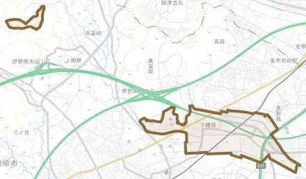 下糟屋とその周辺の地図。町の範囲を重ねている