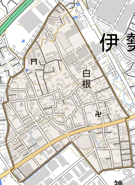 白根とその周辺の地図。町の範囲を重ねている