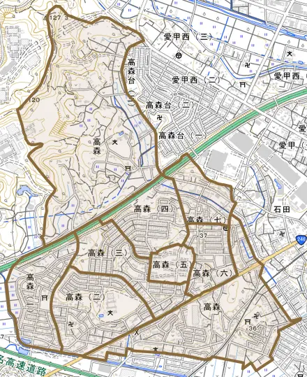 高森とその周辺の地図。町の範囲を重ねている