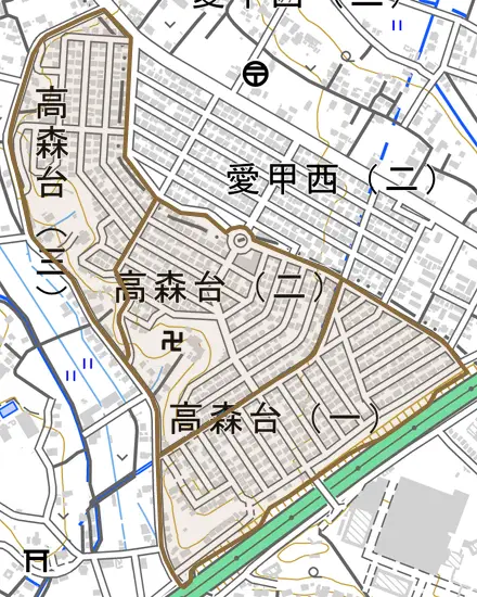 高森台とその周辺の地図。町の範囲を重ねている
