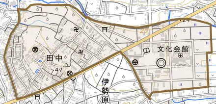 田中とその周辺の地図。町の範囲を重ねている