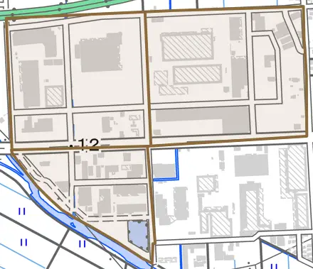 歌川とその周辺の地図。町の範囲を重ねている