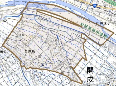 金井島とその周辺の地図。町の範囲を重ねている