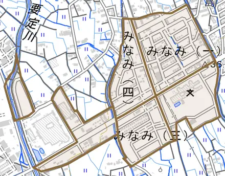 みなみとその周辺の地図。町の範囲を重ねている