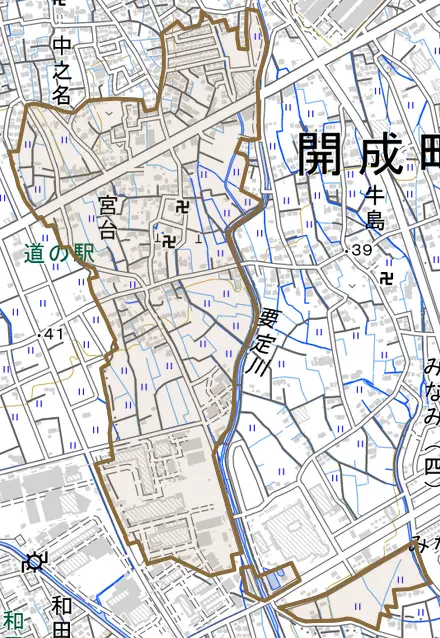 宮台とその周辺の地図。町の範囲を重ねている