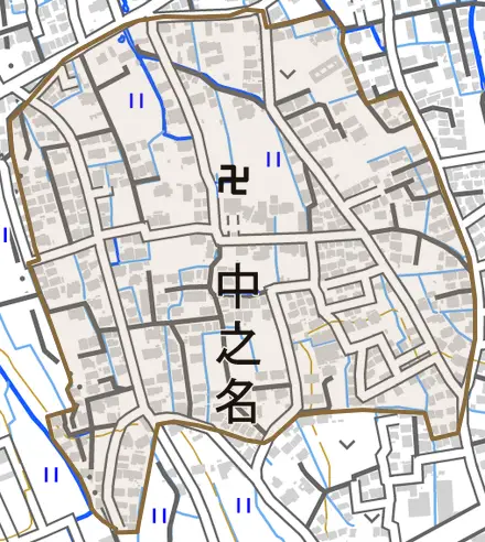 中之名とその周辺の地図。町の範囲を重ねている