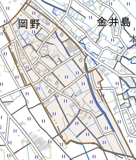 岡野とその周辺の地図。町の範囲を重ねている