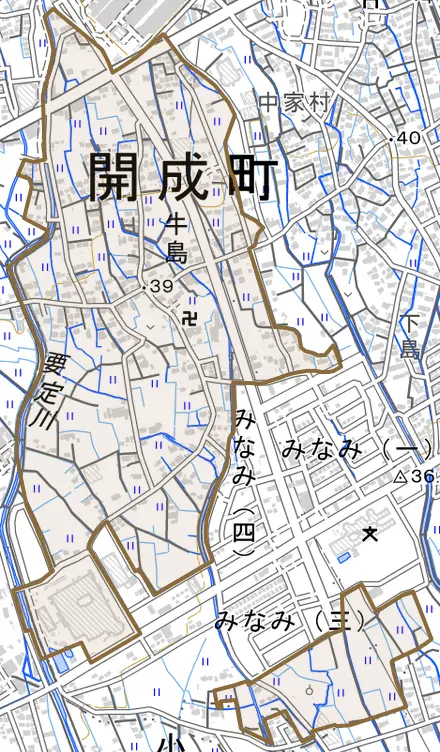 牛島とその周辺の地図。町の範囲を重ねている
