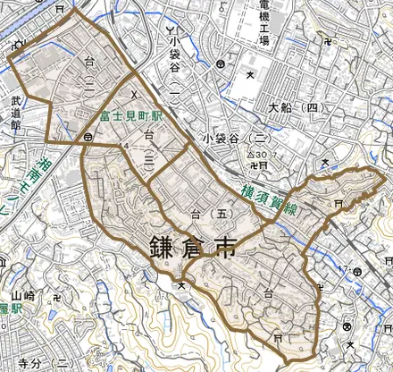 台とその周辺の地図。町の範囲を重ねている