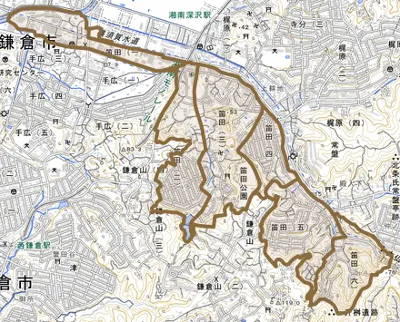 笛田とその周辺の地図。町の範囲を重ねている