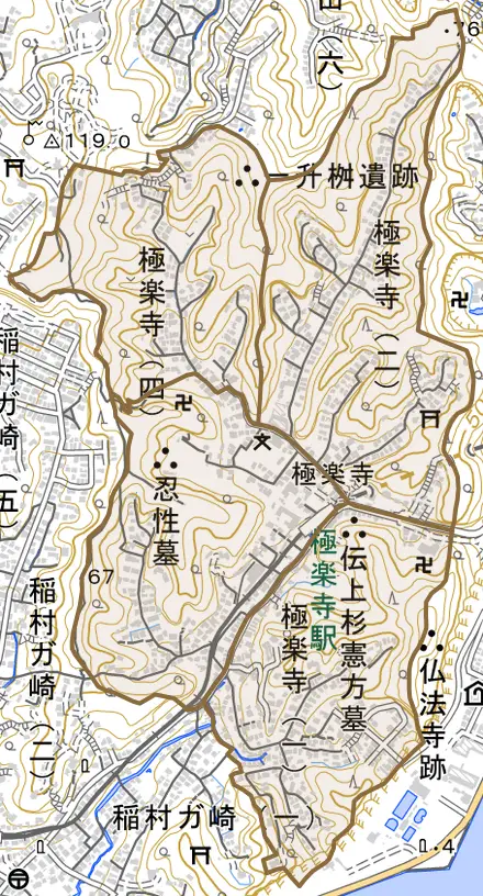 極楽寺とその周辺の地図。町の範囲を重ねている